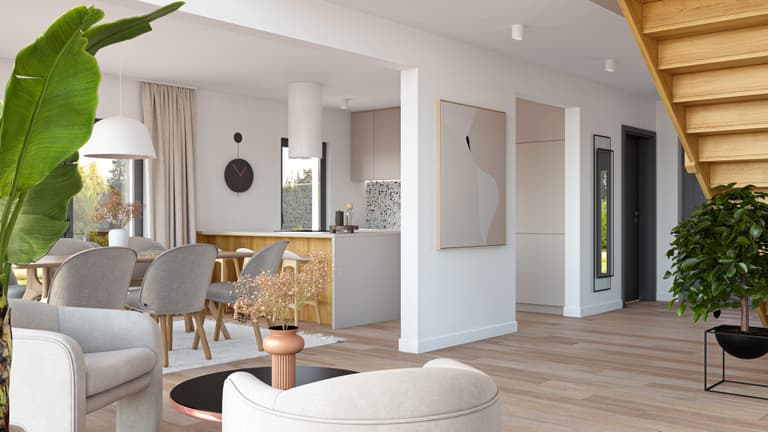 Helles Wohnzimmer in Weiß und Grau mit Holzakzenten