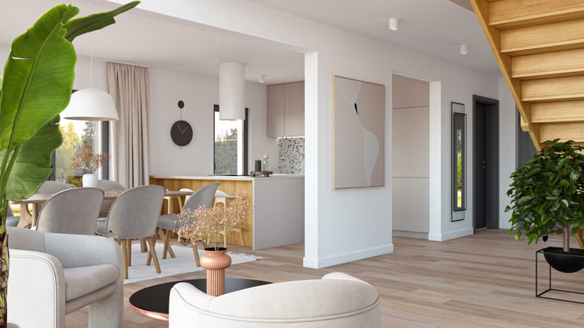 Helles Wohnzimmer in Weiß und Grau mit Holzakzenten