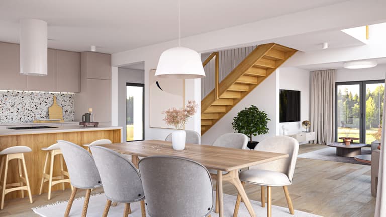 Helles Wohnzimmer in Weiß und Grau mit Holzakzenten