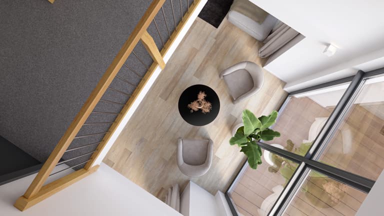 Helles Wohnzimmer in Weiß und Grau mit Holzakzenten