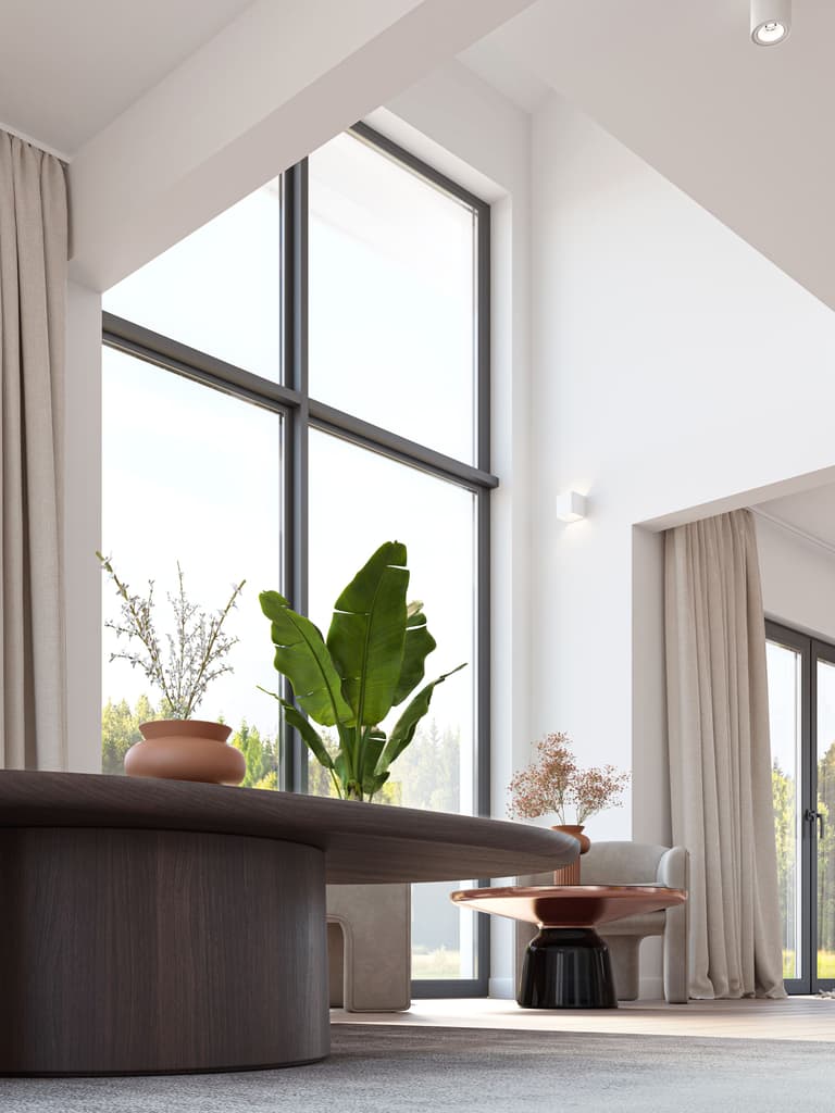 Helles Wohnzimmer in Weiß und Grau mit Holzakzenten