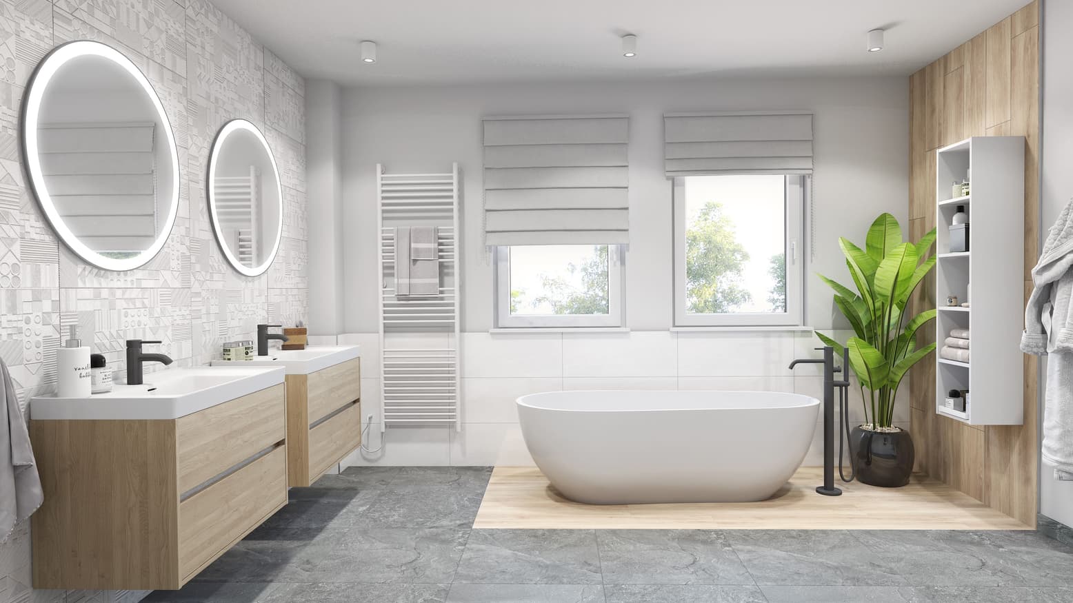 Weißes Bad mit grauen Akzenten und natürlichem Holz