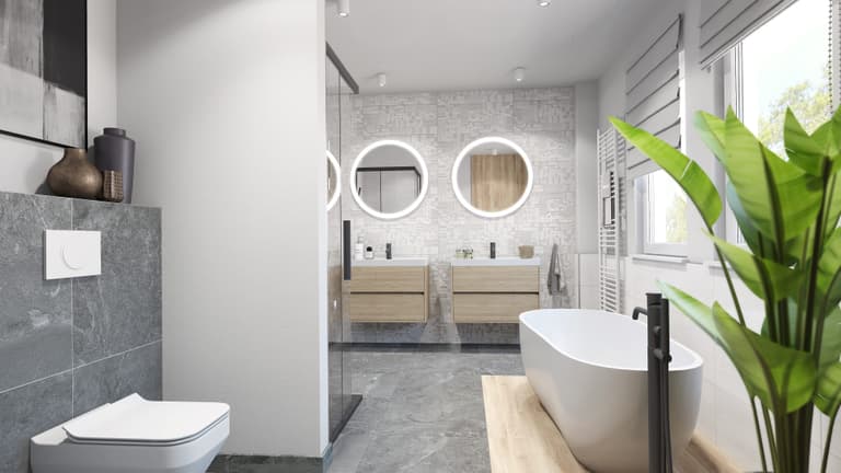 Weißes Bad mit grauen Akzenten und natürlichem Holz