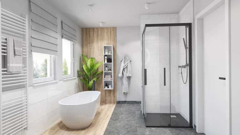 Weißes Bad mit grauen Akzenten und natürlichem Holz