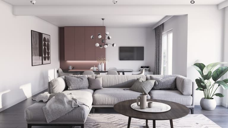 Moderner Essbereich mit minimalistischer Einrichtung und Holzboden