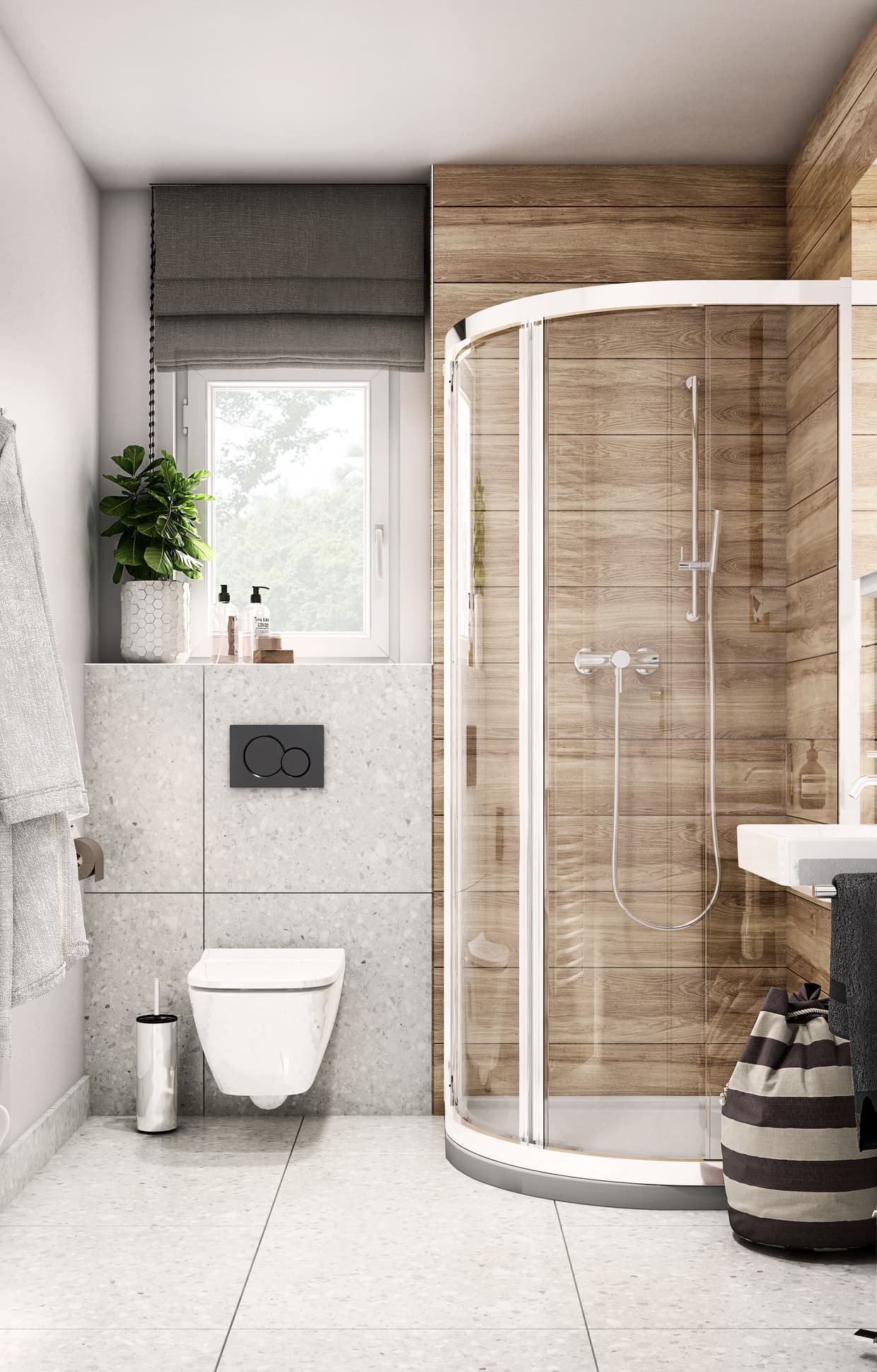 Harmonie aus Holz, Weiß und Grau im Badezimmer