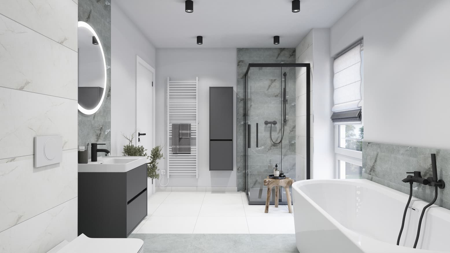 modernes Badezimmer in Weiß, Grau und Schwarz