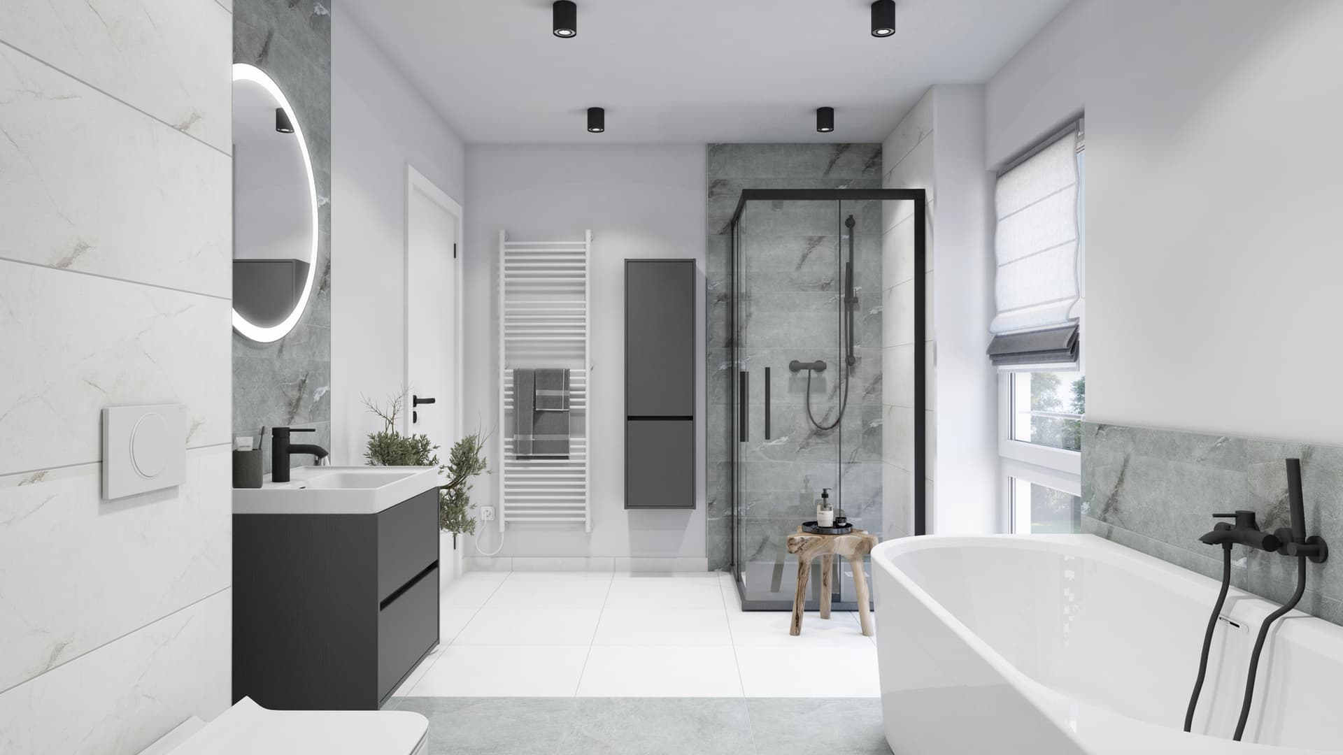 modernes Badezimmer in Weiß, Grau und Schwarz