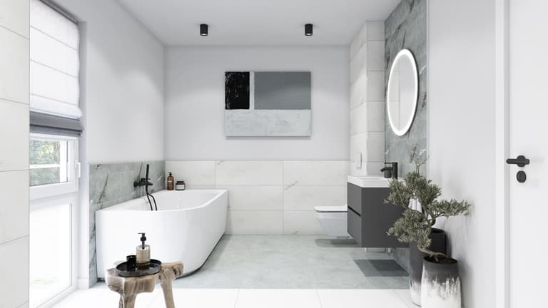 modernes Badezimmer in Weiß, Grau und Schwarz