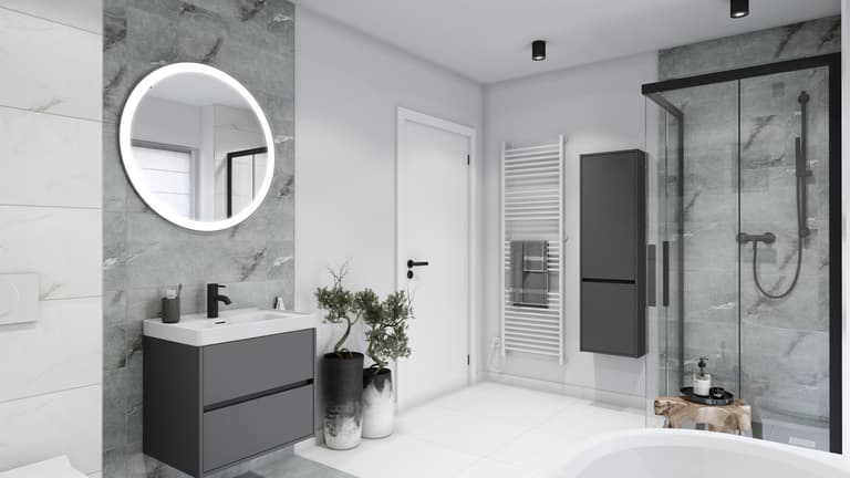 modernes Badezimmer in Weiß, Grau und Schwarz