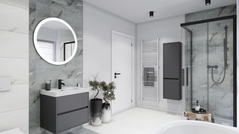 modernes Badezimmer in Weiß, Grau und Schwarz