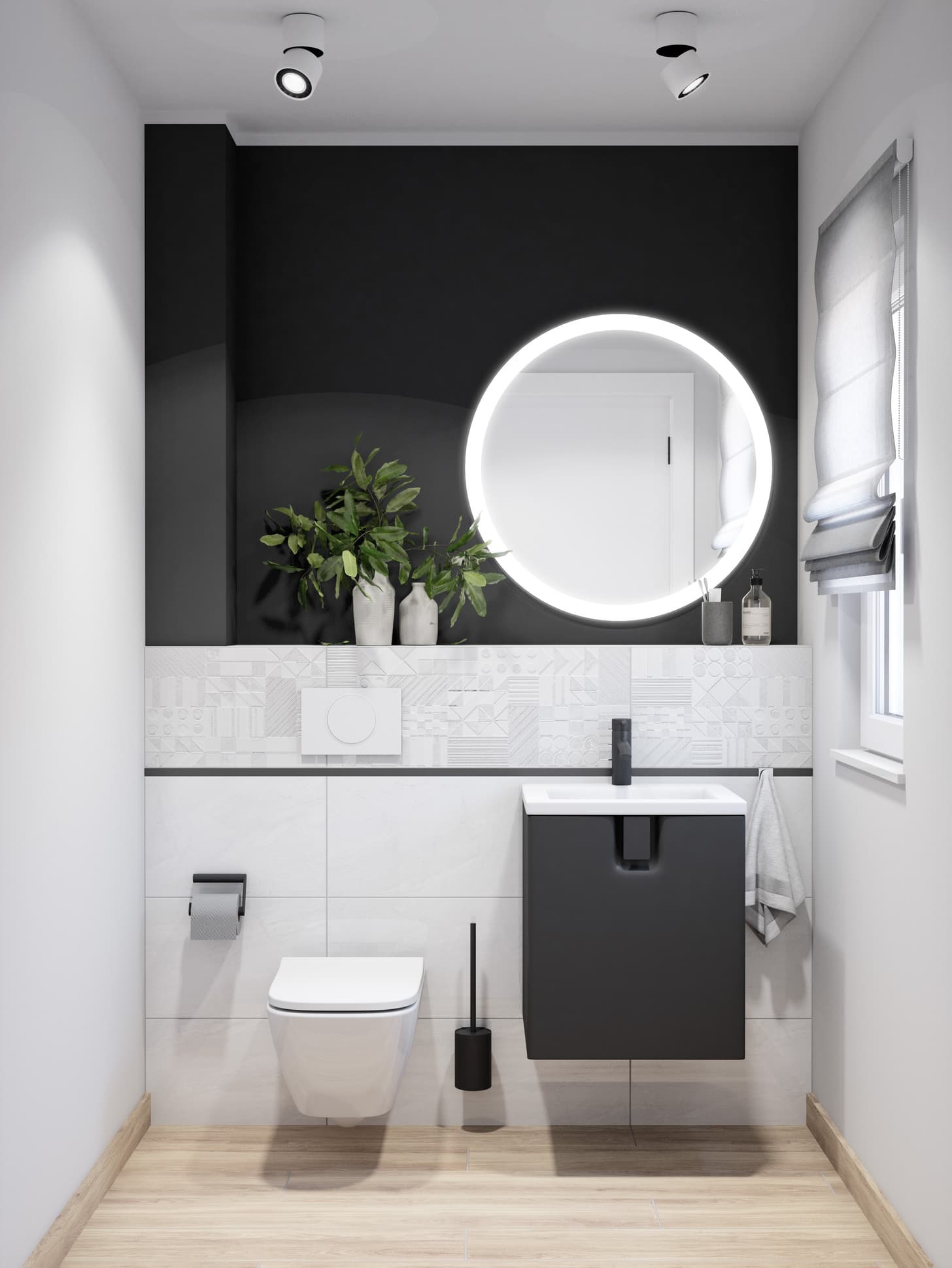 Zeitloses Bad mit Holzfußboden und weißer Keramik