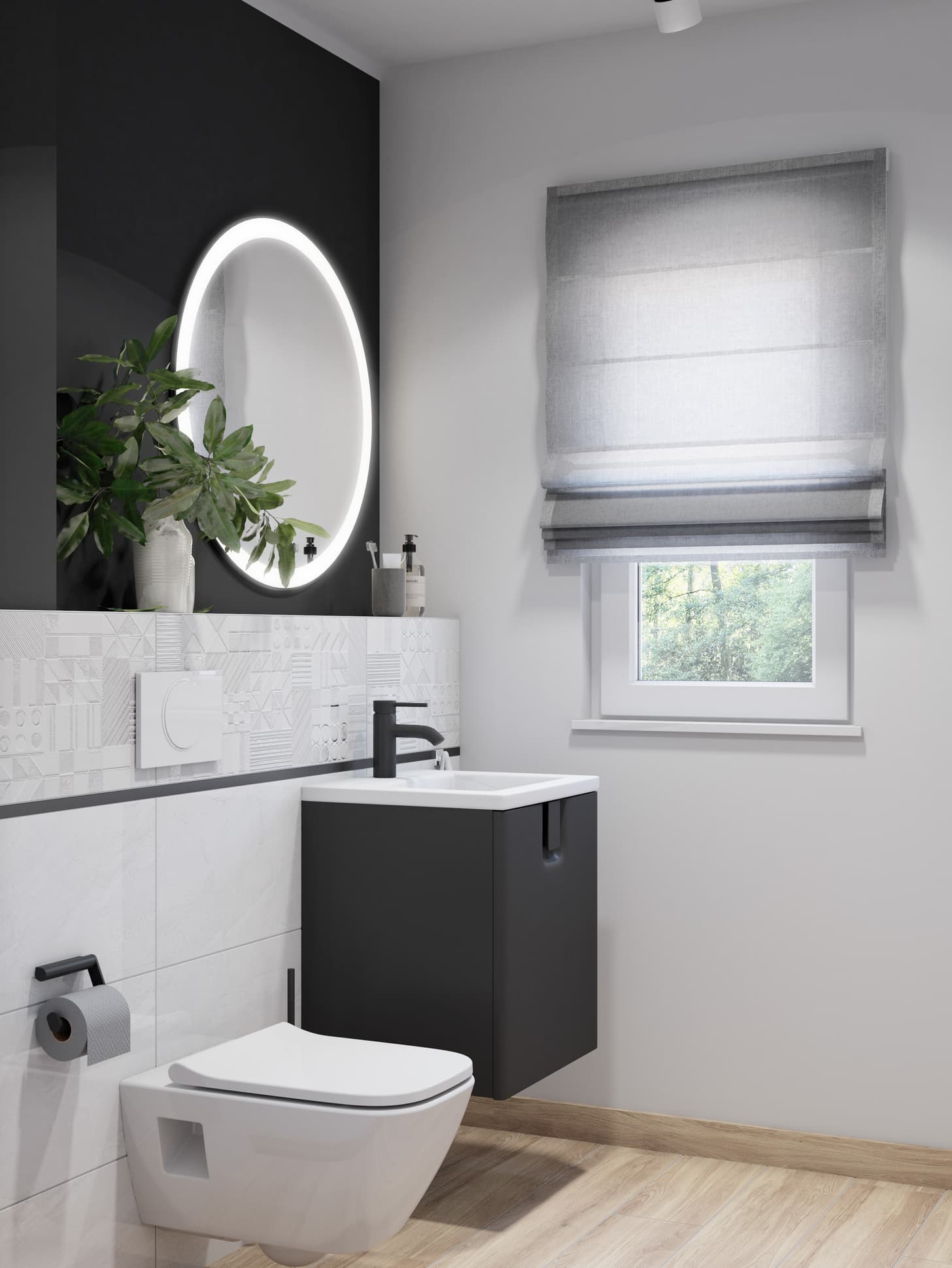 Zeitloses Bad mit Holzfußboden und weißer Keramik