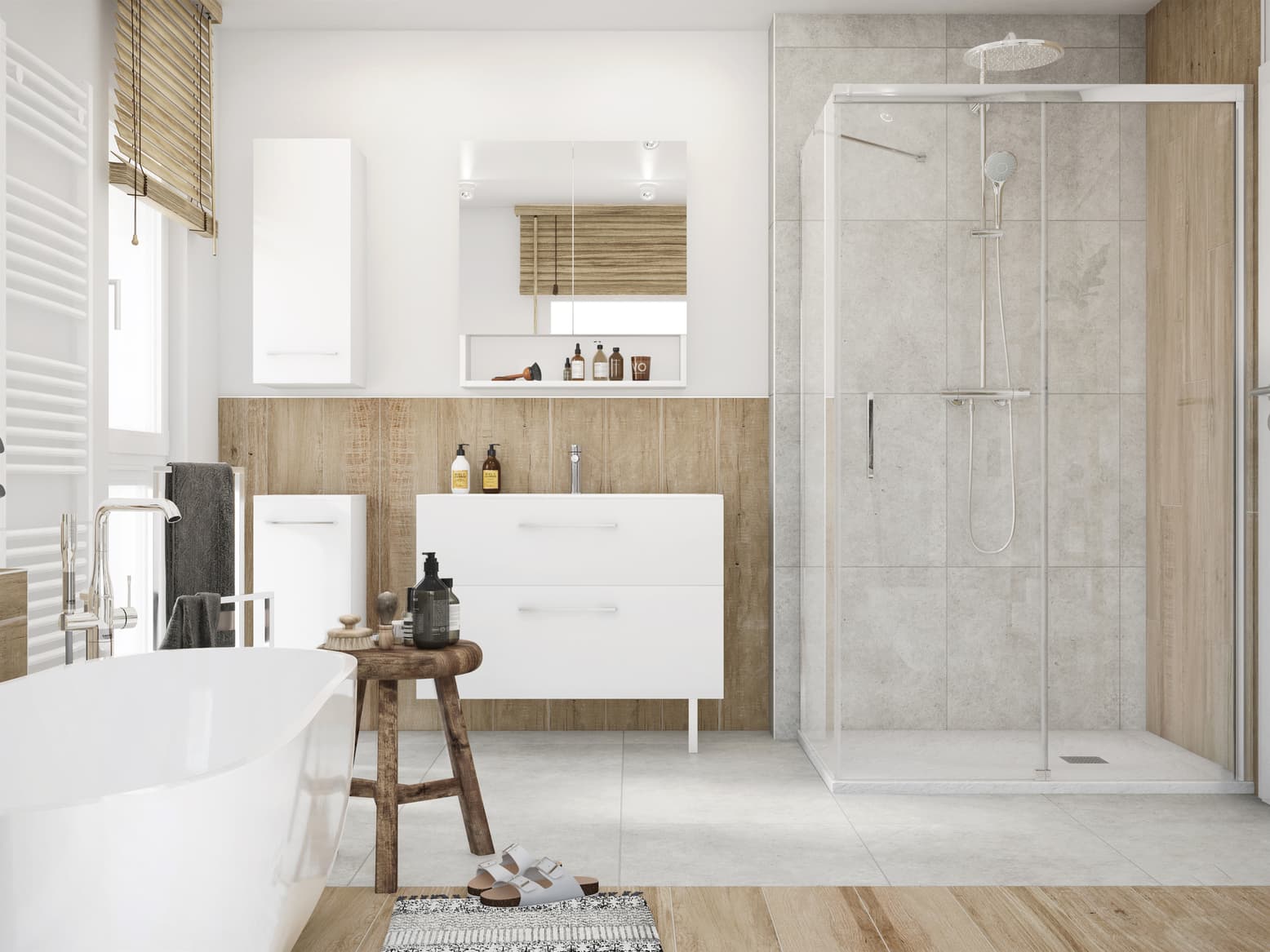 Badezimmer in Weiß und Braun mit moderner Ausstattung