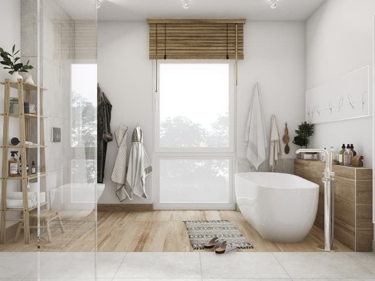 Badezimmer in Weiß und Braun mit moderner Ausstattung