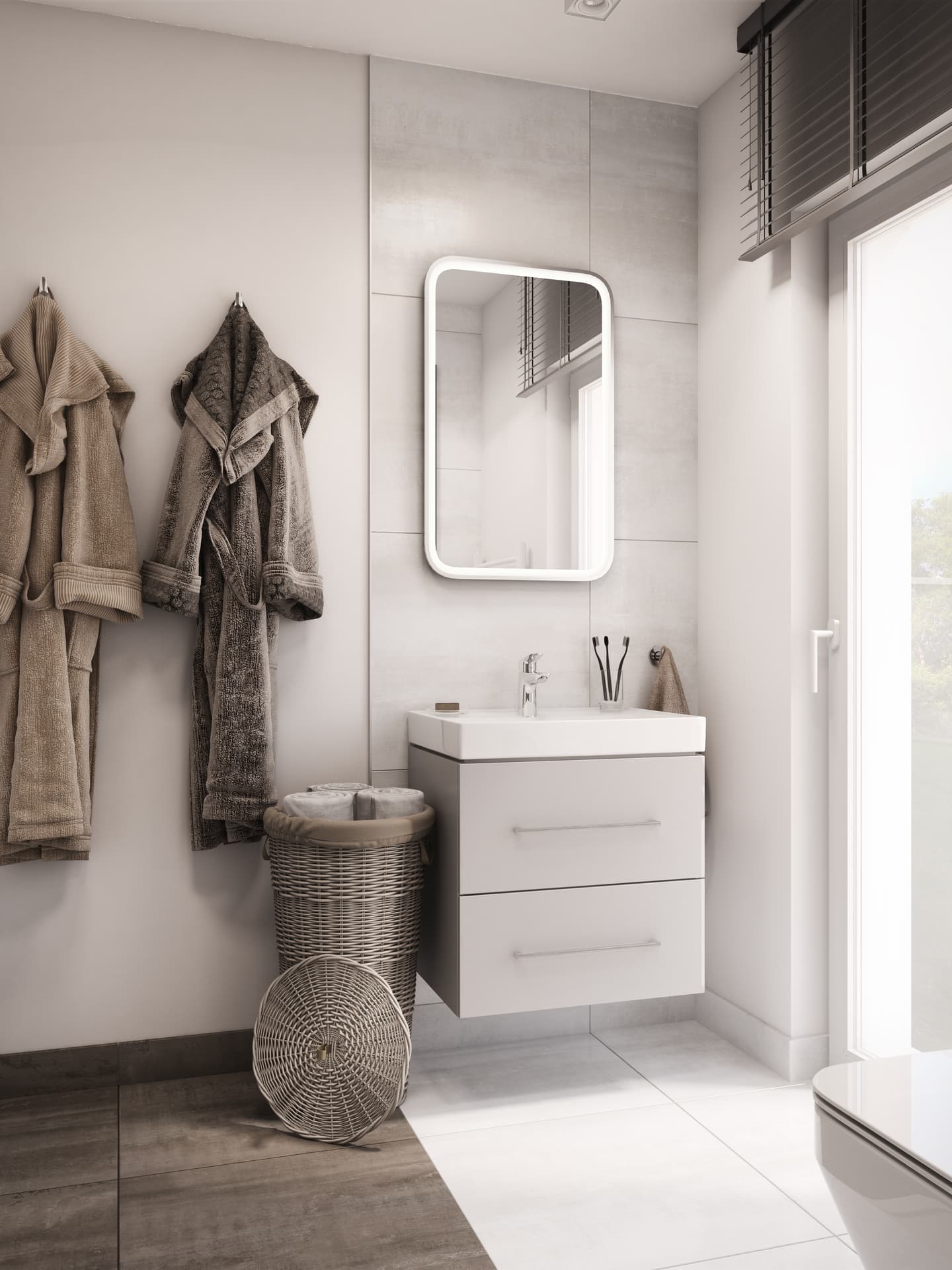 Bad mit heller Decke und braun-weißer Farbgestaltung