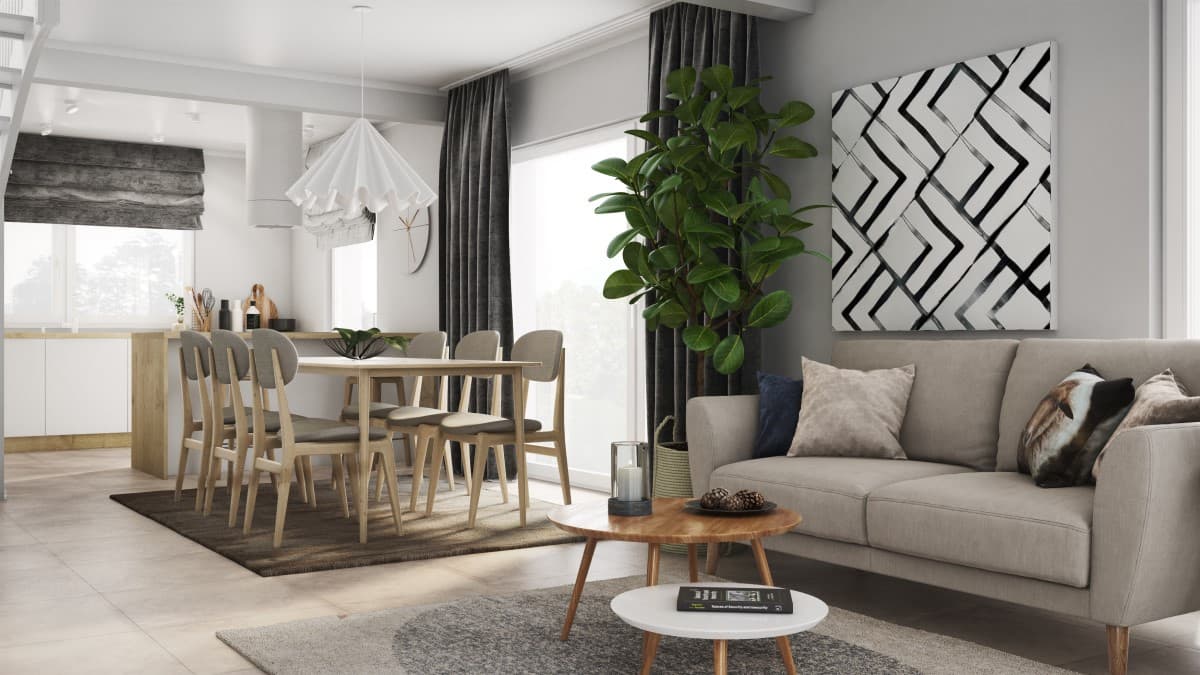 Wohnkonzept in neutralen Farben mit Holzakzenten