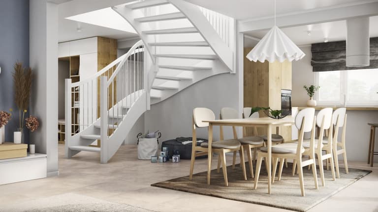 Wohnkonzept in neutralen Farben mit Holzakzenten