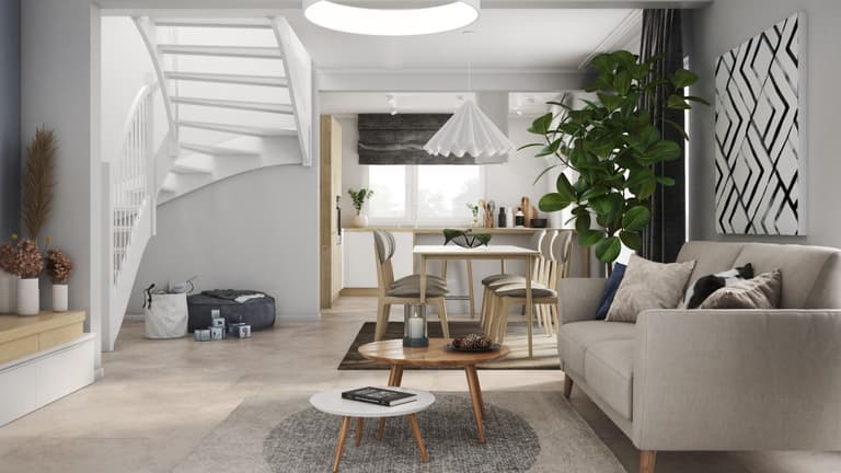 Wohnkonzept in neutralen Farben mit Holzakzenten