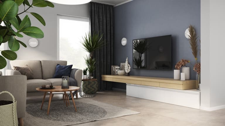 Wohnkonzept in neutralen Farben mit Holzakzenten