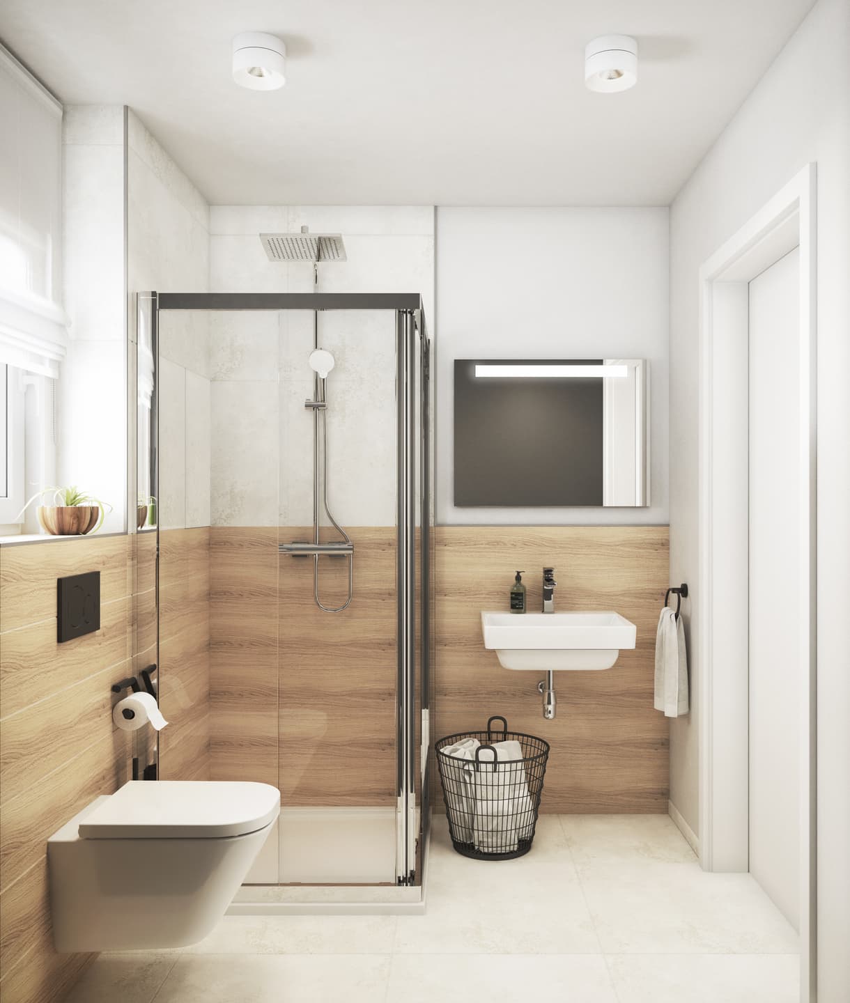 Badezimmer mit schwarzem Holz und grauen Elementen