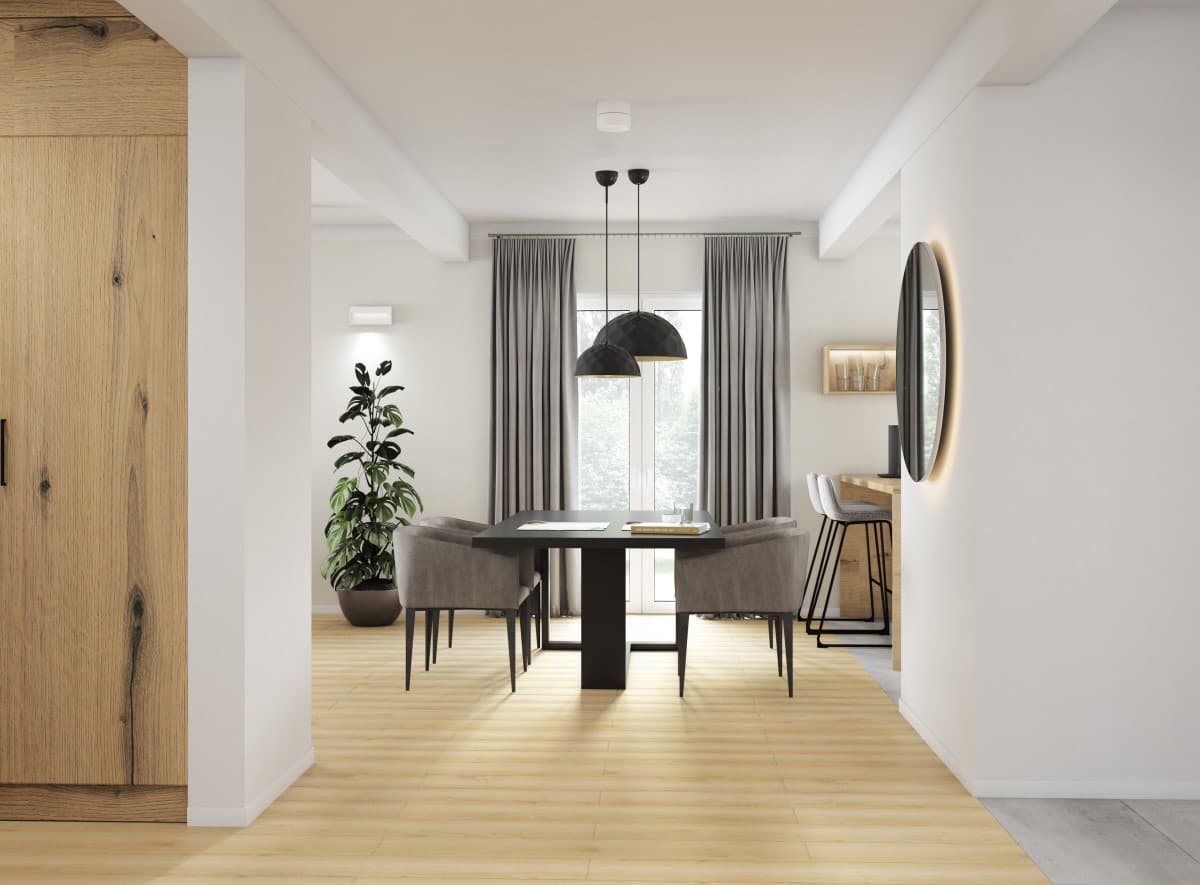 Elegante Kombination aus Weiß und Holzstrukturen