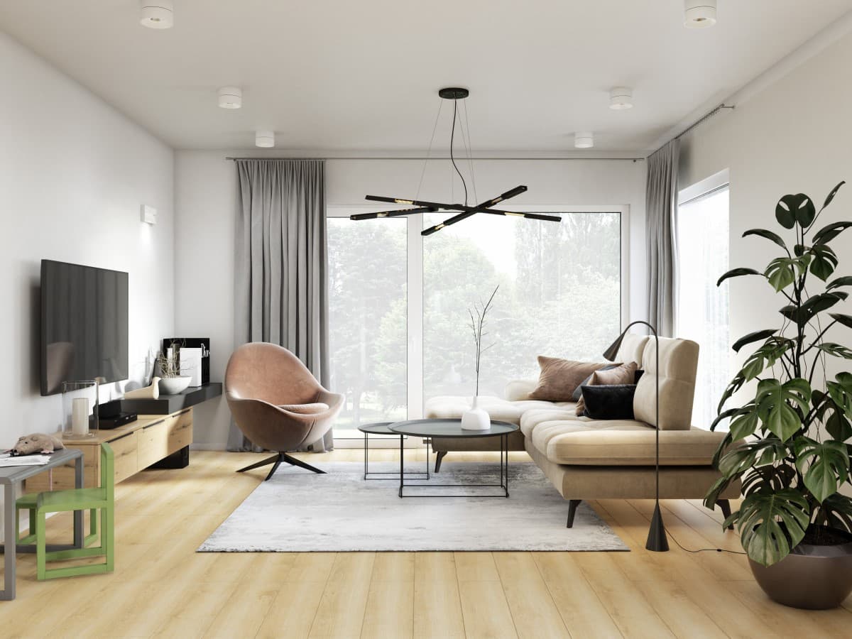 Elegante Kombination aus Weiß und Holzstrukturen