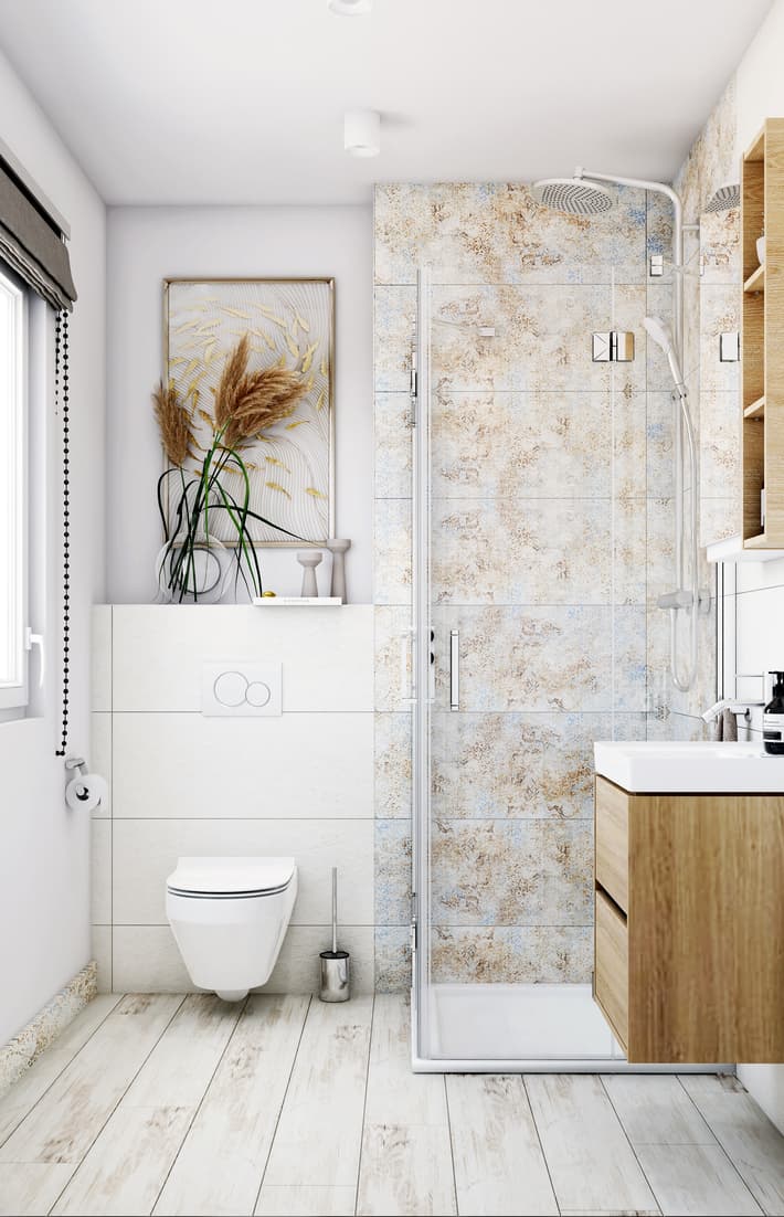 helles Badezimmer mit pastellfarbenen Akzenten