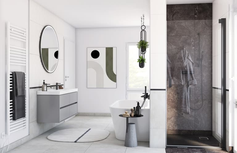 elegantes Badezimmer in Weiß und Schwarz