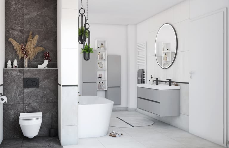 elegantes Badezimmer in Weiß und Schwarz