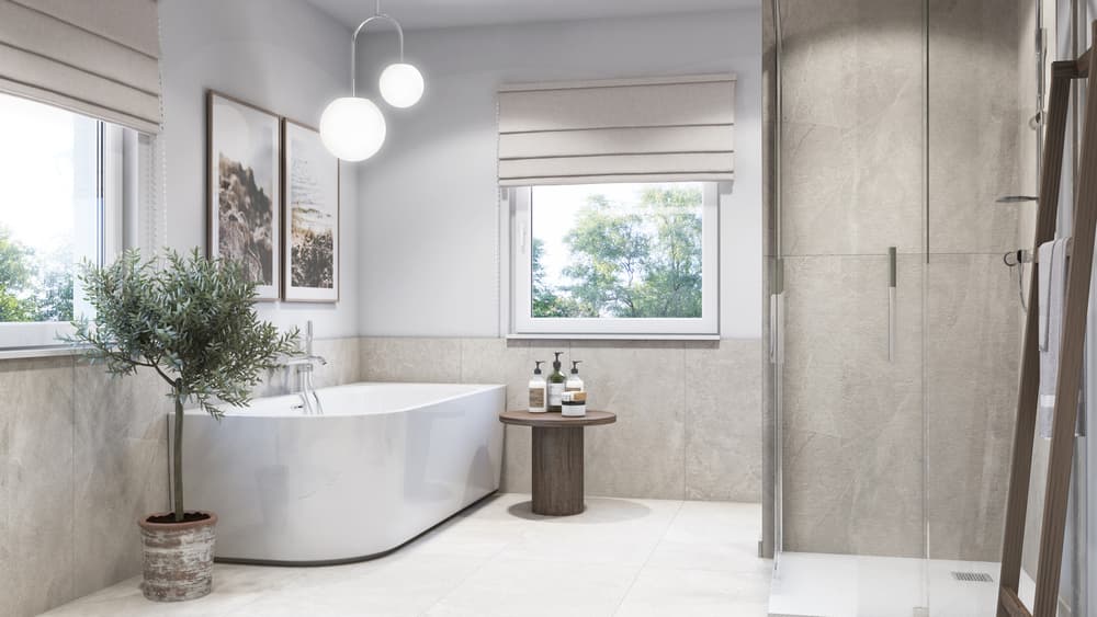 Minimalistisches Badezimmer mit Holz und Betonoptik