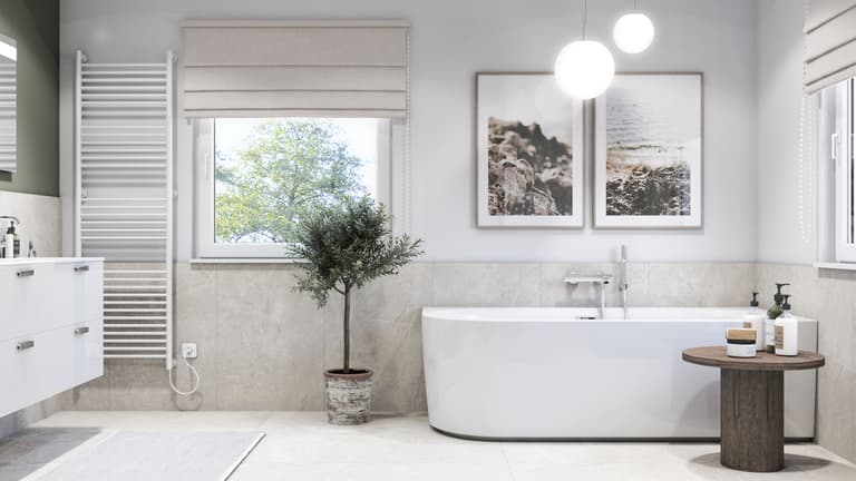 Minimalistisches Badezimmer mit Holz und Betonoptik