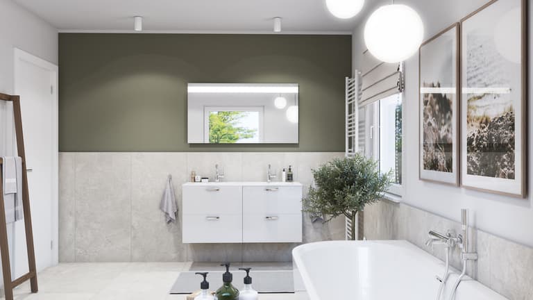 Minimalistisches Badezimmer mit Holz und Betonoptik