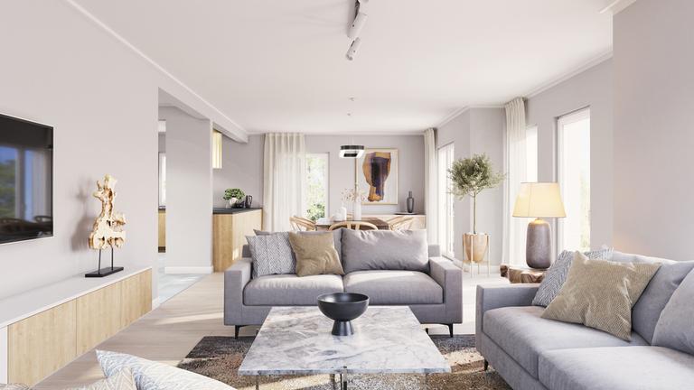 Helles Wohn- und Esszimmer mit natürlichen Farbtönen