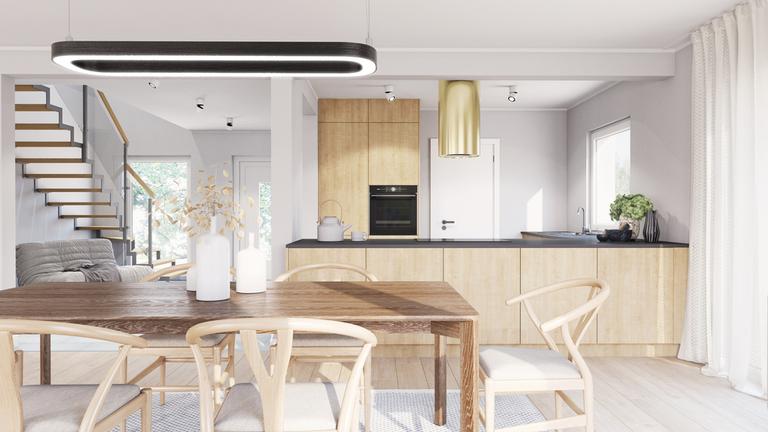 Helles Wohn und Esszimmer mit natürlichen Farbtönen