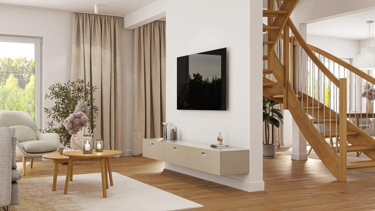 Wohnkonzept in neutralen Farben mit Holzakzenten