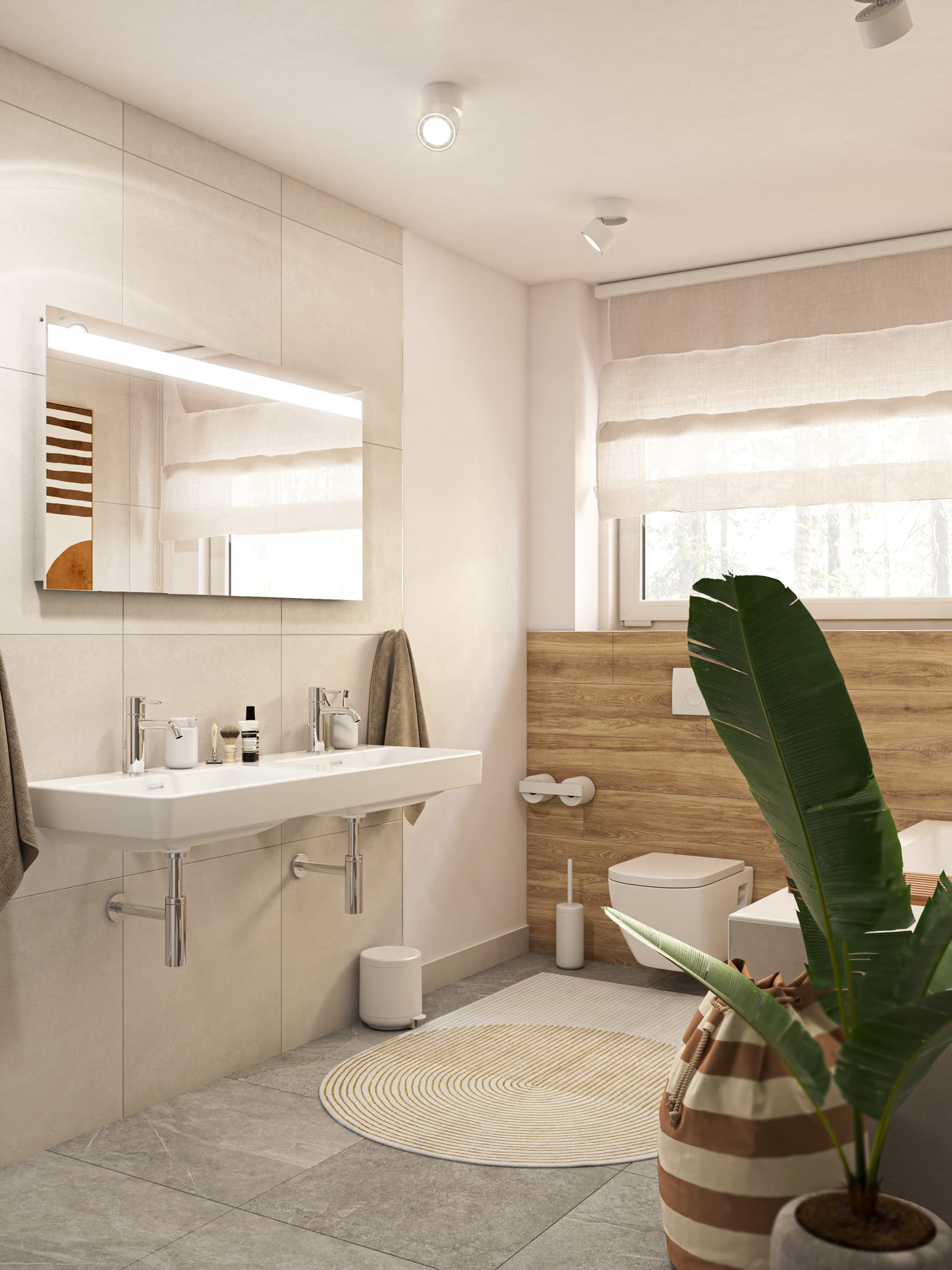 Badezimmer in warmen Brauntönen mit sanfter Beleuchtung