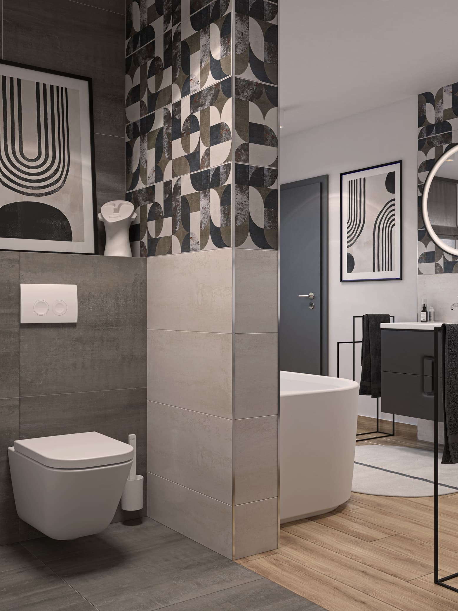 pastellfarbenes Badezimmer mit stilvollem Design und moderner Ausstattung.