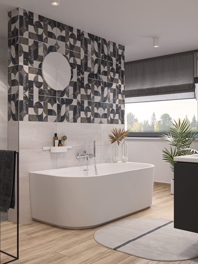 Badezimmer in Farbakzente mit Betonstruktur, unterputz Armaturen und eleganter Look