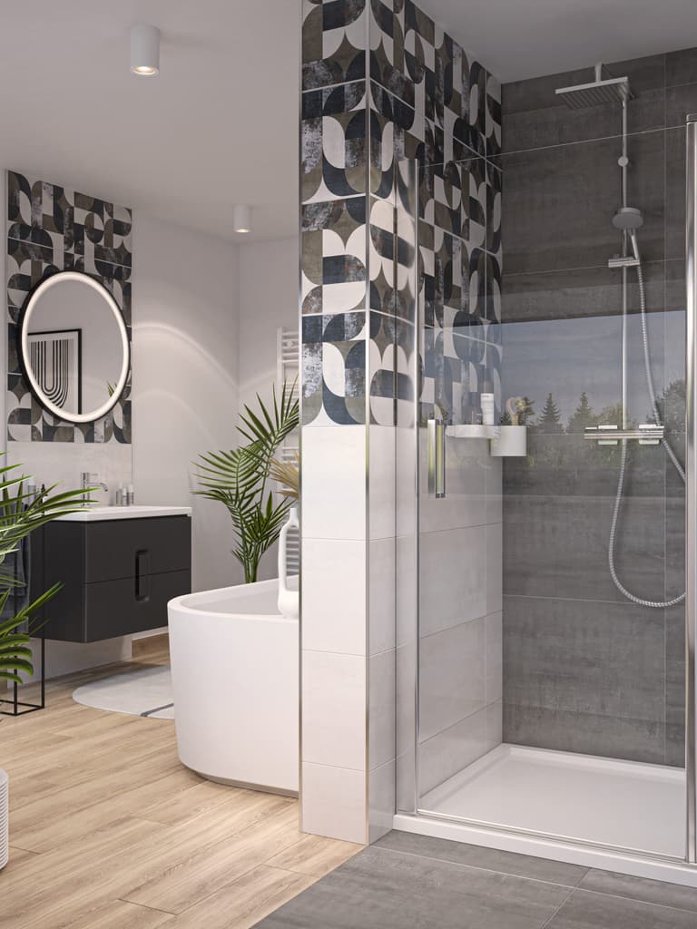 Badezimmer in Farbakzente mit Betonstruktur