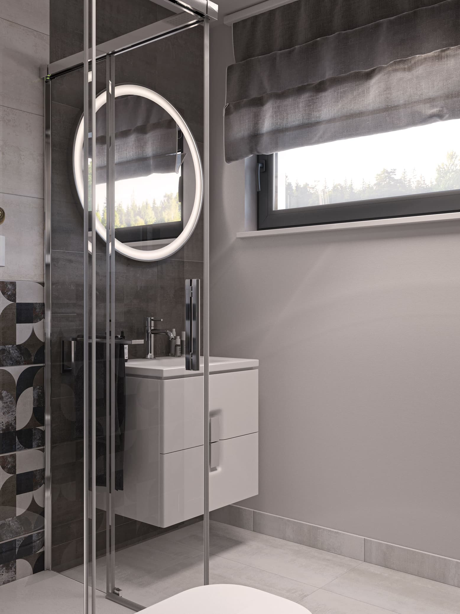 Badezimmer in Weiß & Grau mit Marmor, großzügiger Waschtisch und modernes Design