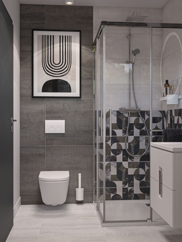 Badezimmer in Weiß & Grau mit Betonstruktur, großzügiger Waschtisch und skandinavischer Stil.