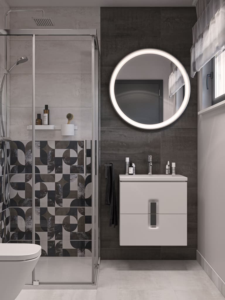 Badezimmer in Weiß & Grau mit Betonstruktur