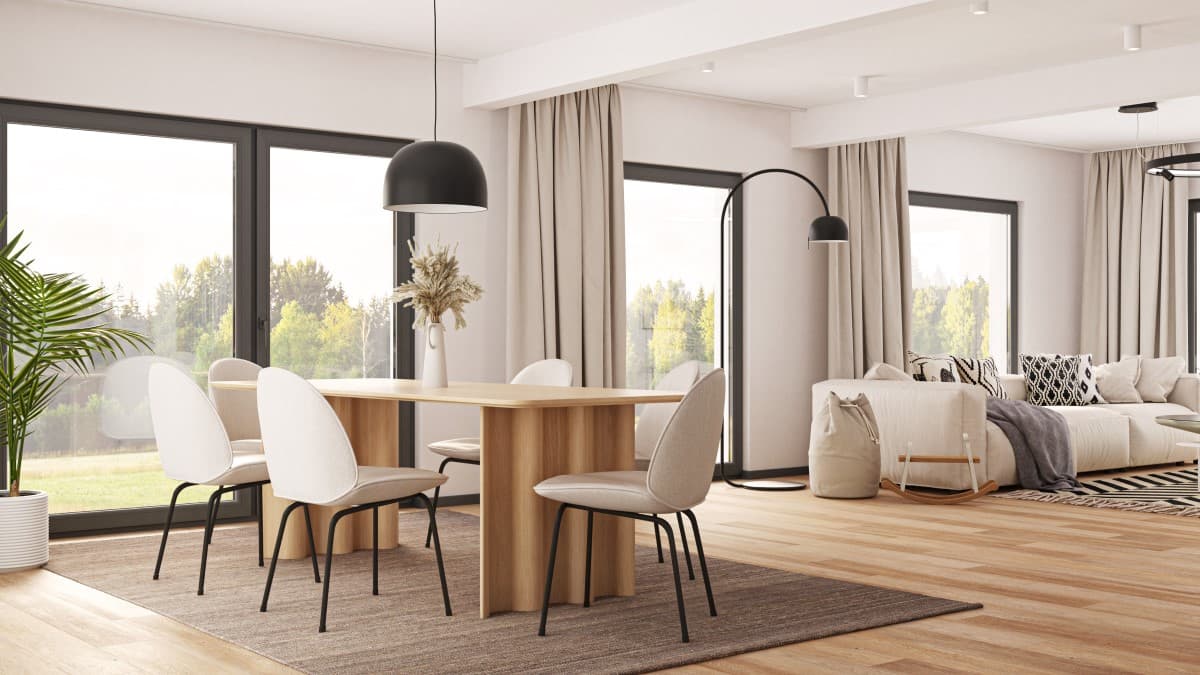 Offener Wohnbereich in Weiß, Grau und Holzoptik