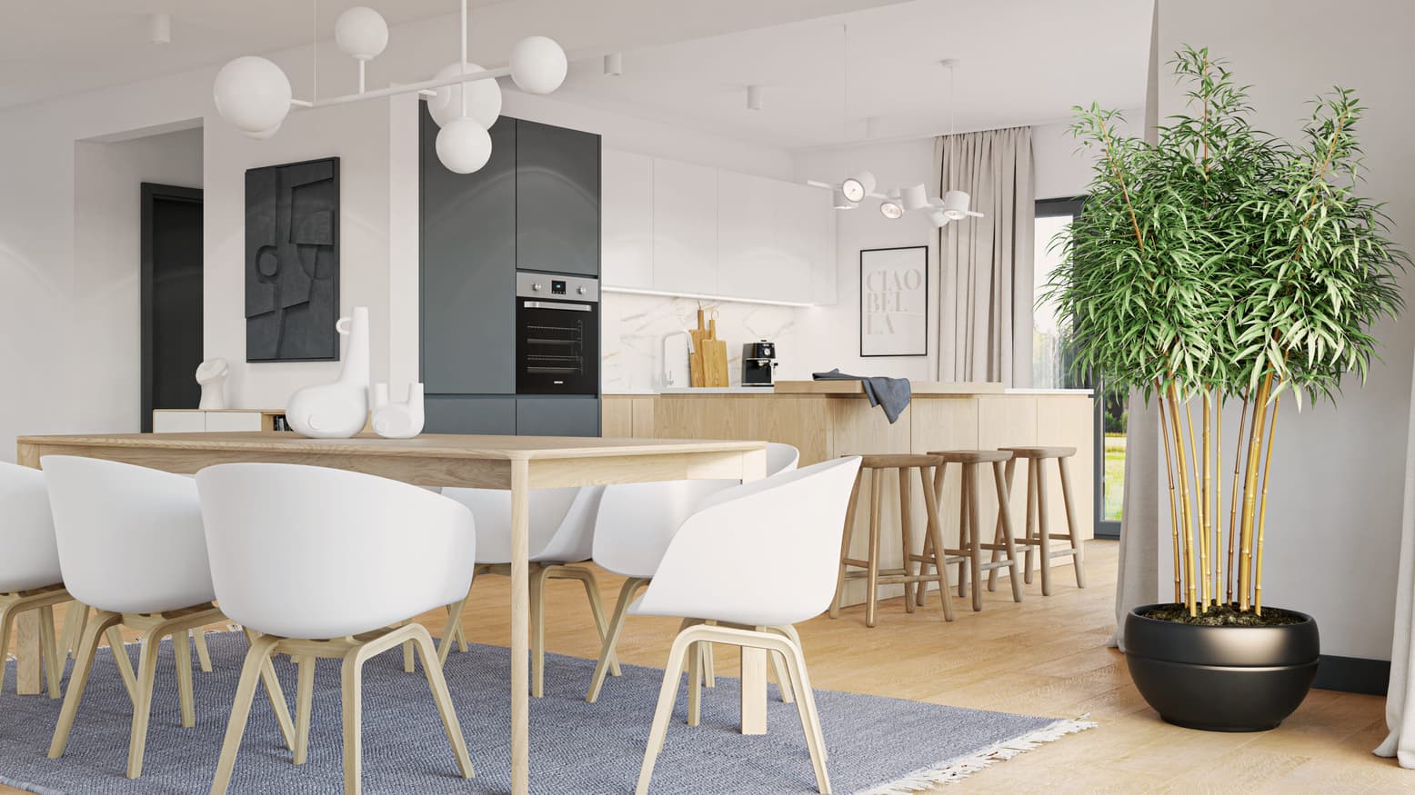 Wohn- und Essbereich in hellen, ruhigen Farben