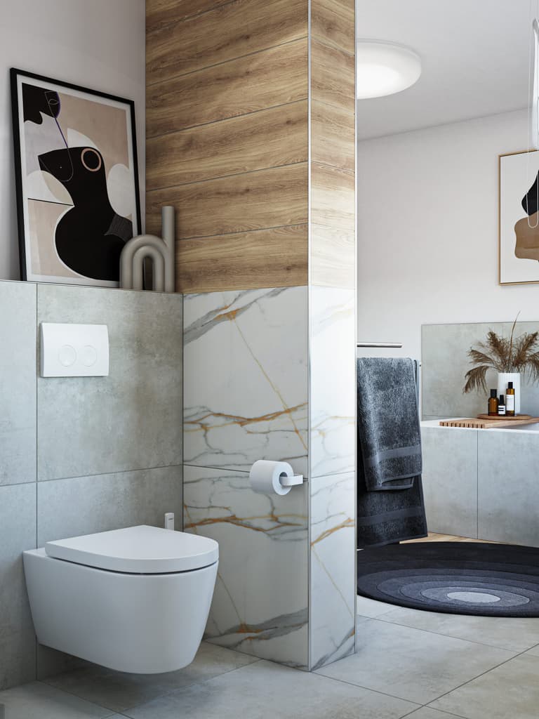 Badezimmer in Holzakzente mit Keramikfliesen, großzügiger Waschtisch und modernes Design