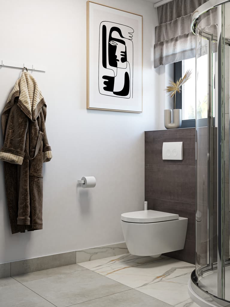 Badezimmer in Beige & Braun mit Naturstein