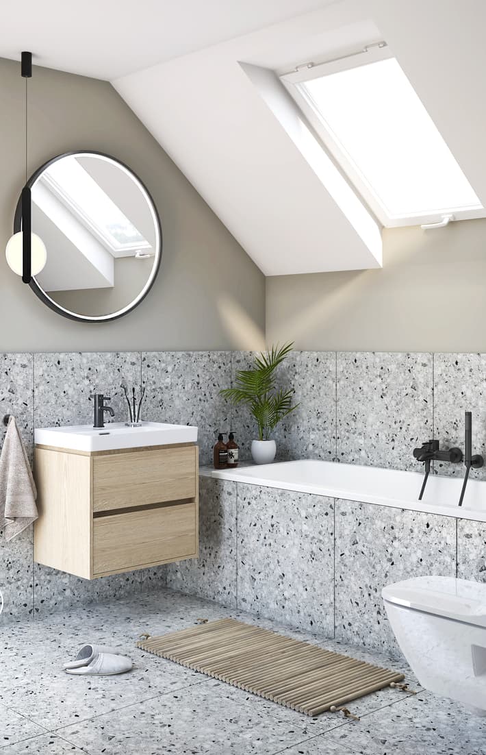 Badezimmer in Weiß & Grau mit Betonstruktur, großzügiger Waschtisch