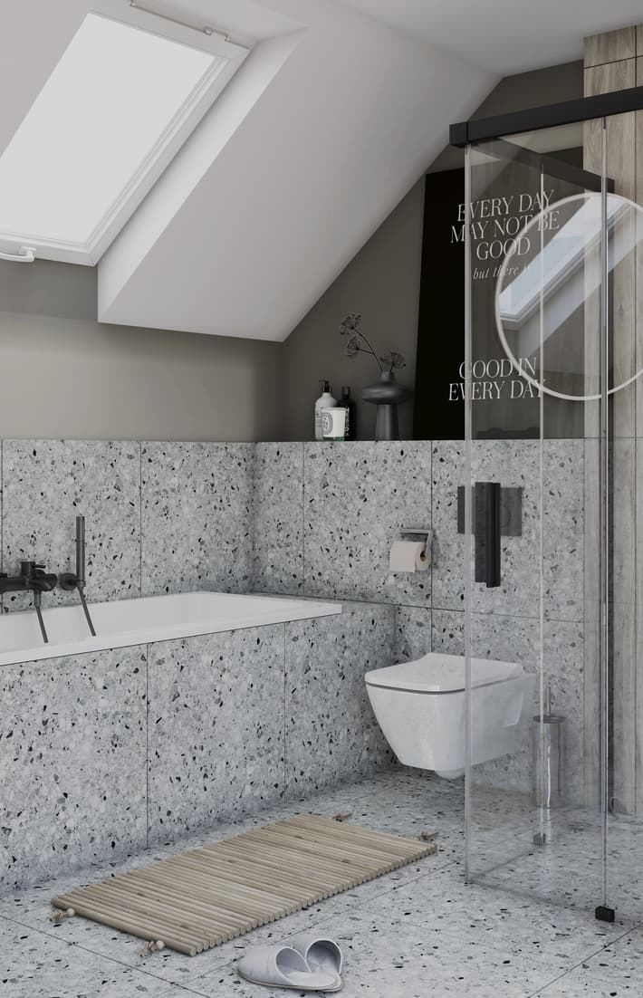 Badezimmer in Weiß & Grau mit Betonstruktur, runde Spiegel