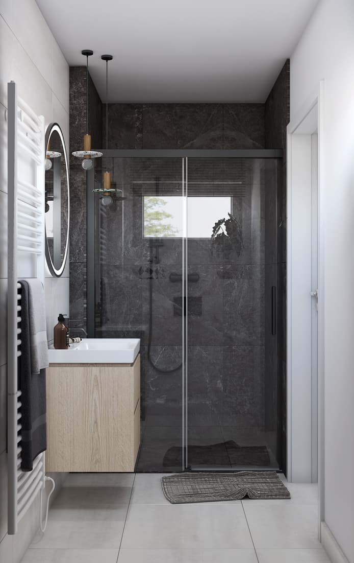 Badezimmer in Weiß & Grau mit Betonstruktur, großzügiger Waschtisch